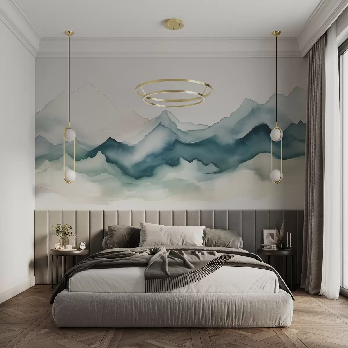 murales de pared Montañas azules en la niebla ilustración acuarela húmeda w07883