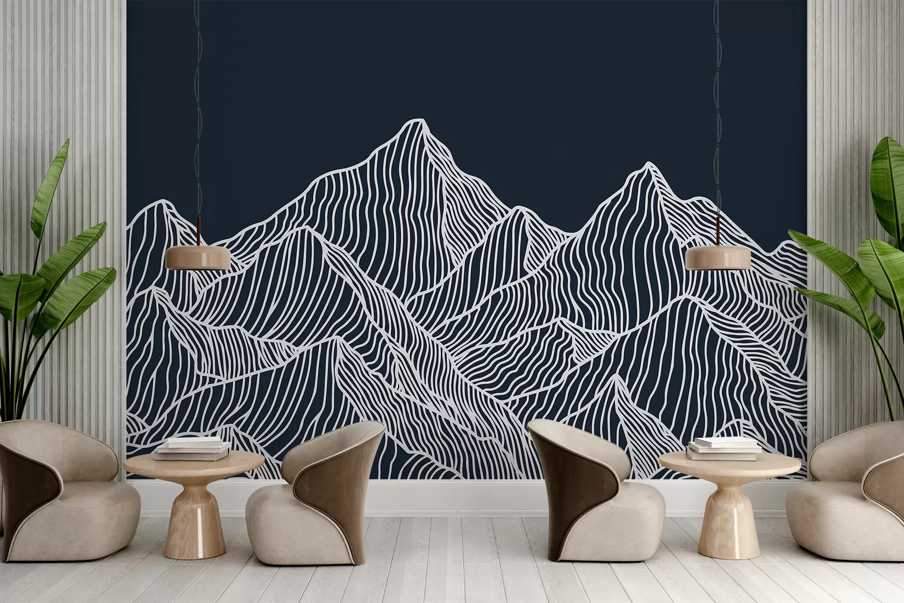 murales de pared Montañas blancas lineales sobre un fondo azul w01214v3