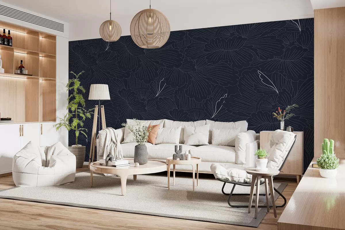 murales de pared Flores blancas sobre un fondo azul. w01225v2