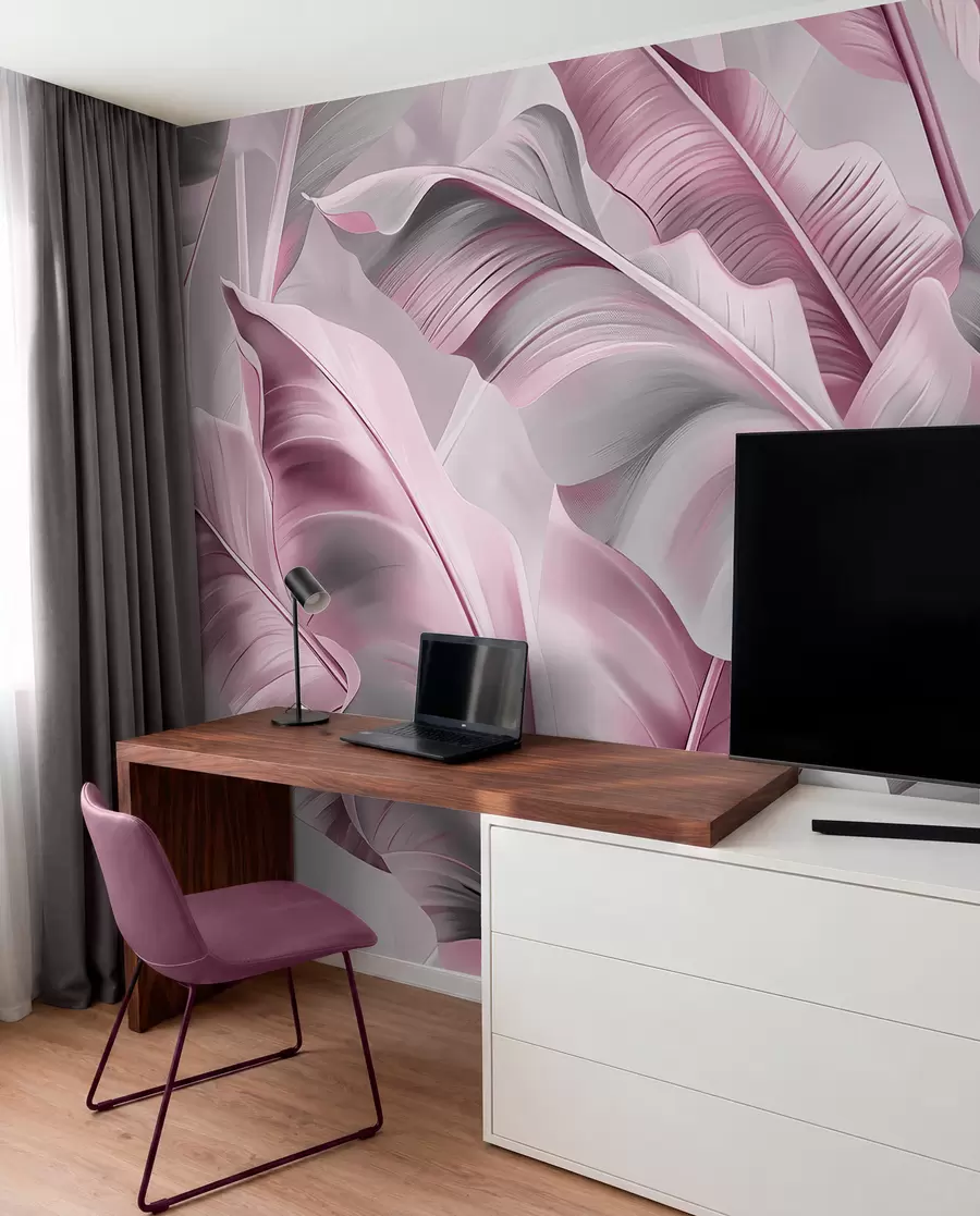 murales de pared lujosas hojas de plátano grandes en tonos grises rosados w07876v2