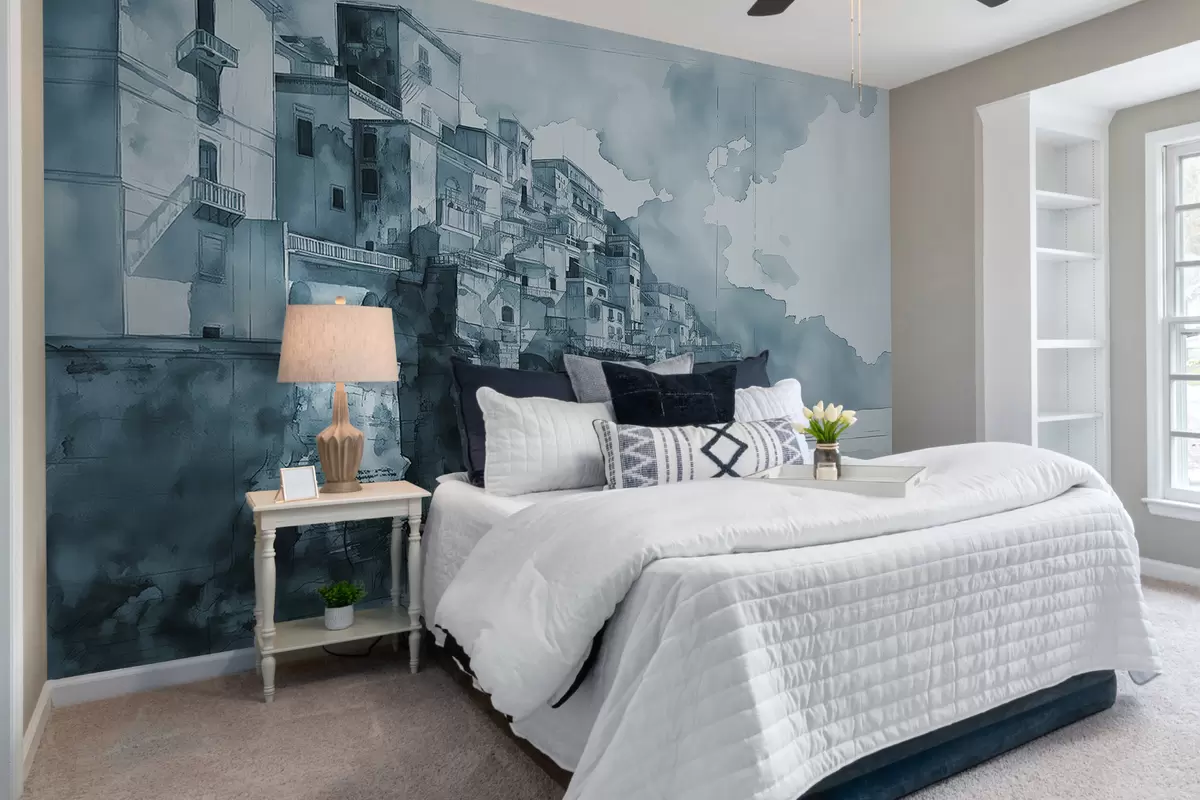 murales de pared Ciudad acuarela pintada sobre el agua en tonos azules. w07879