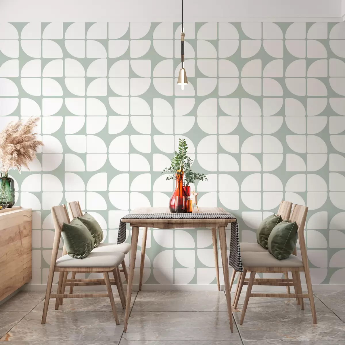 murales de pared Papel pintado geométrico estilo bauhaus tendencia retro en color verde oscuro w07907v2