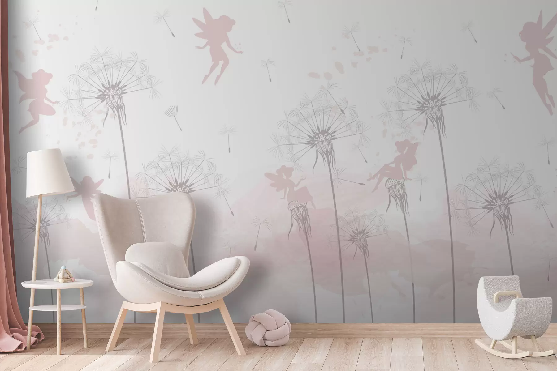 murales de pared Hadas mágicas con dientes de león y flores silvestres al estilo escandinavo para niñas color rosa w07913