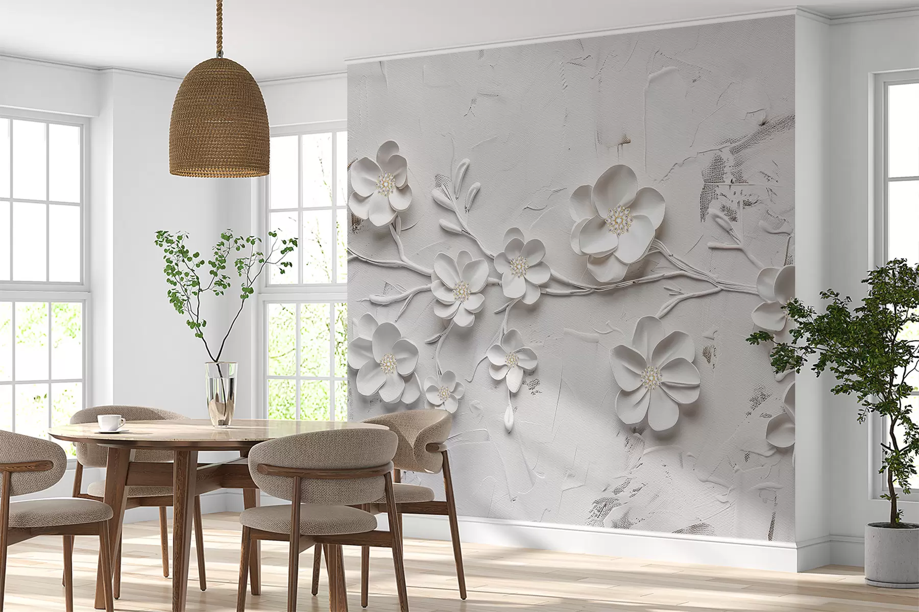 murales de pared Fondo blanco texturizado con flores blancas 3D en plena floración, conectadas por ramas, minimalistas y elegantes w01226