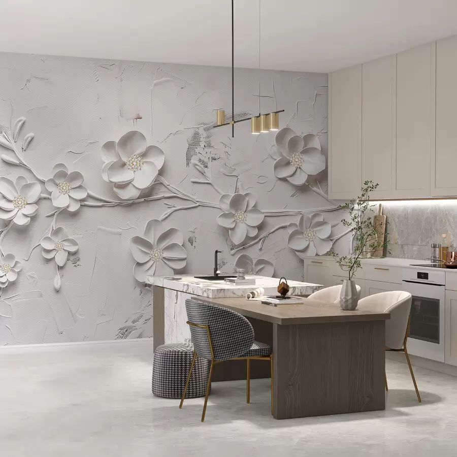 murales de pared Fondo blanco texturizado con flores blancas 3D en plena floración, conectadas por ramas, minimalistas y elegantes w01226