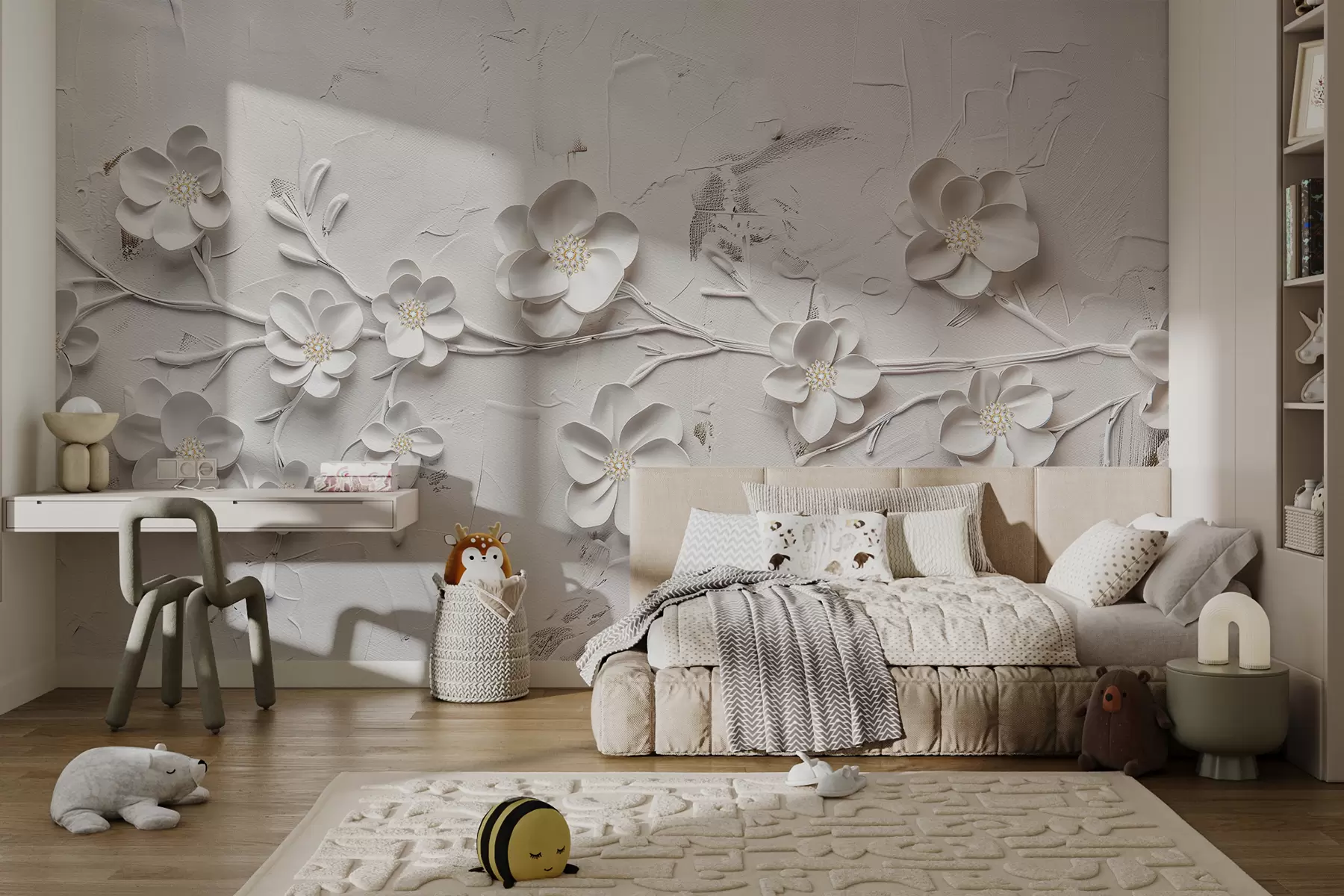 murales de pared Fondo blanco texturizado con flores blancas 3D en plena floración, conectadas por ramas, minimalistas y elegantes w01226