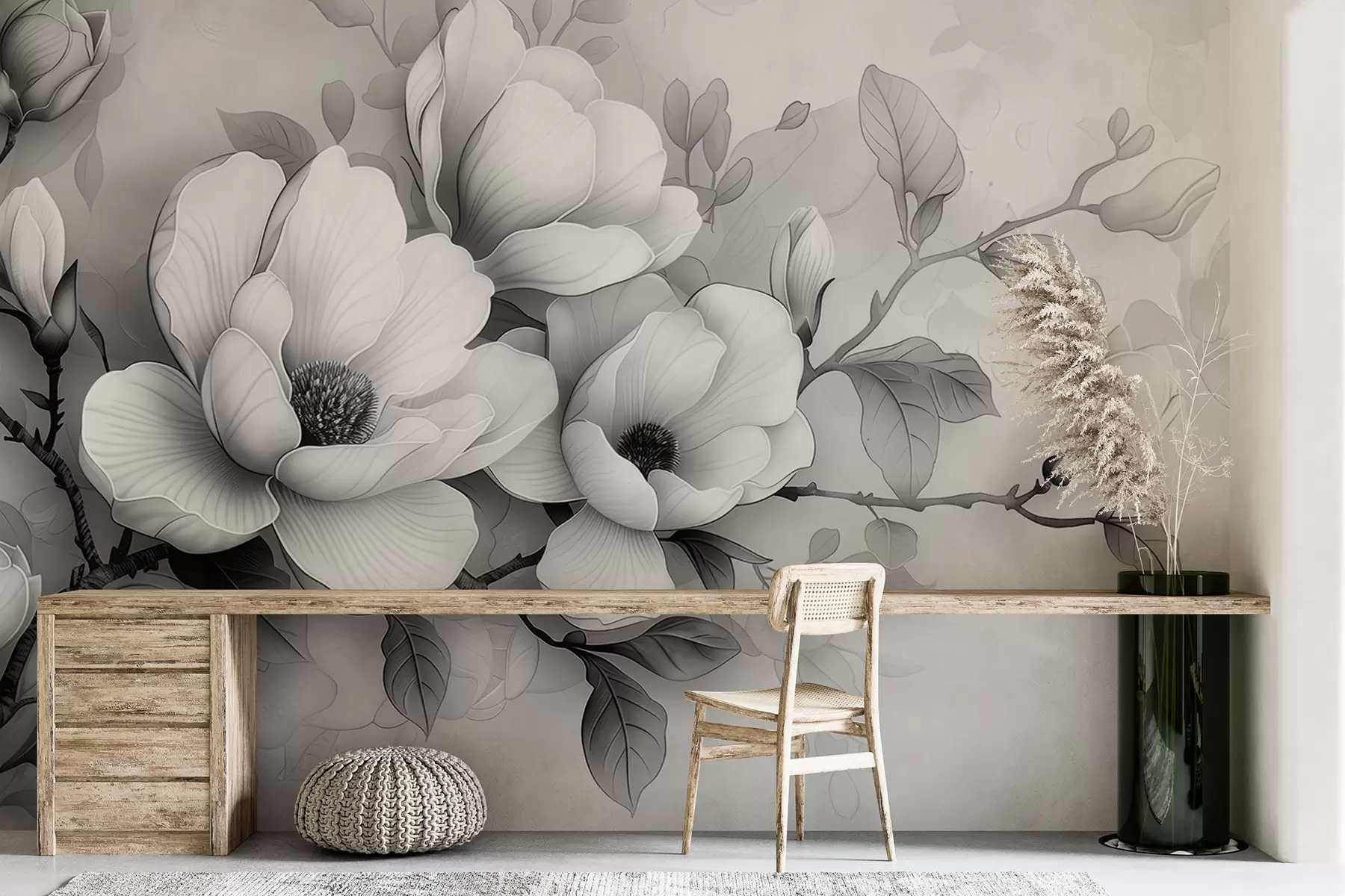 murales de pared Una ilustración en blanco y negro de una magnolia sobre un fondo gris w01277