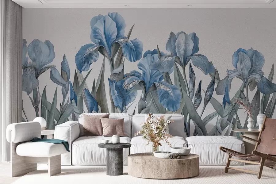 murales de pared Grandes lirios azules pintados sobre un muro de hormigón blanco w07949v4