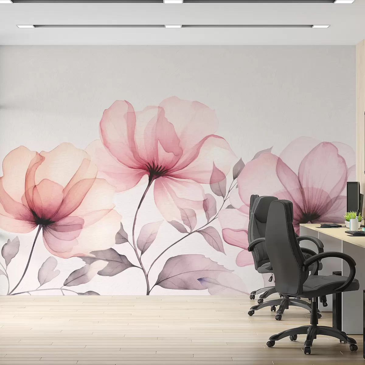 murales de pared grandes flores rosadas de acuarela w07956
