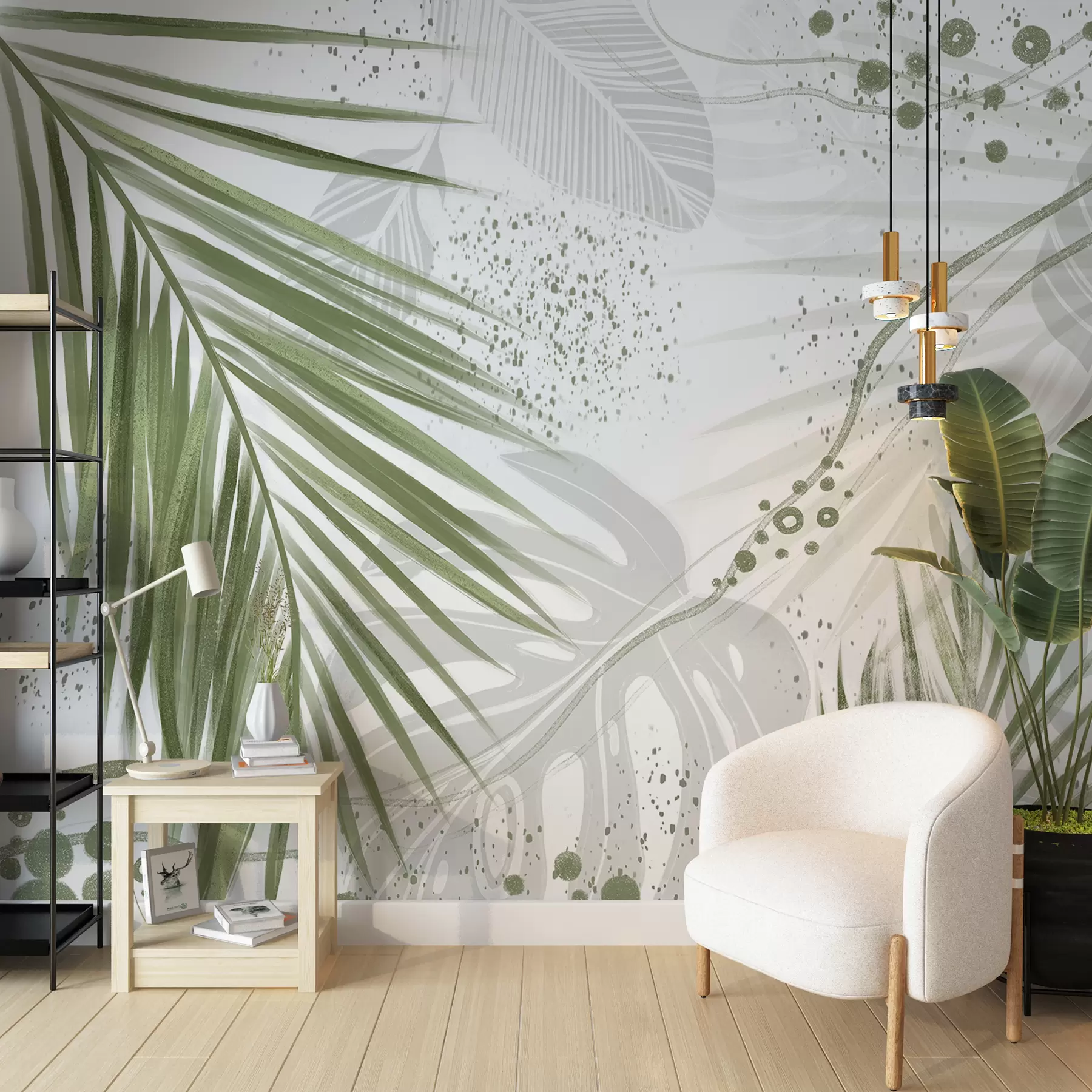 murales de pared Hojas y frondas de palmeras verdes tropicales, con formas abstractas y salpicaduras en tonos verdes y blancos w07918