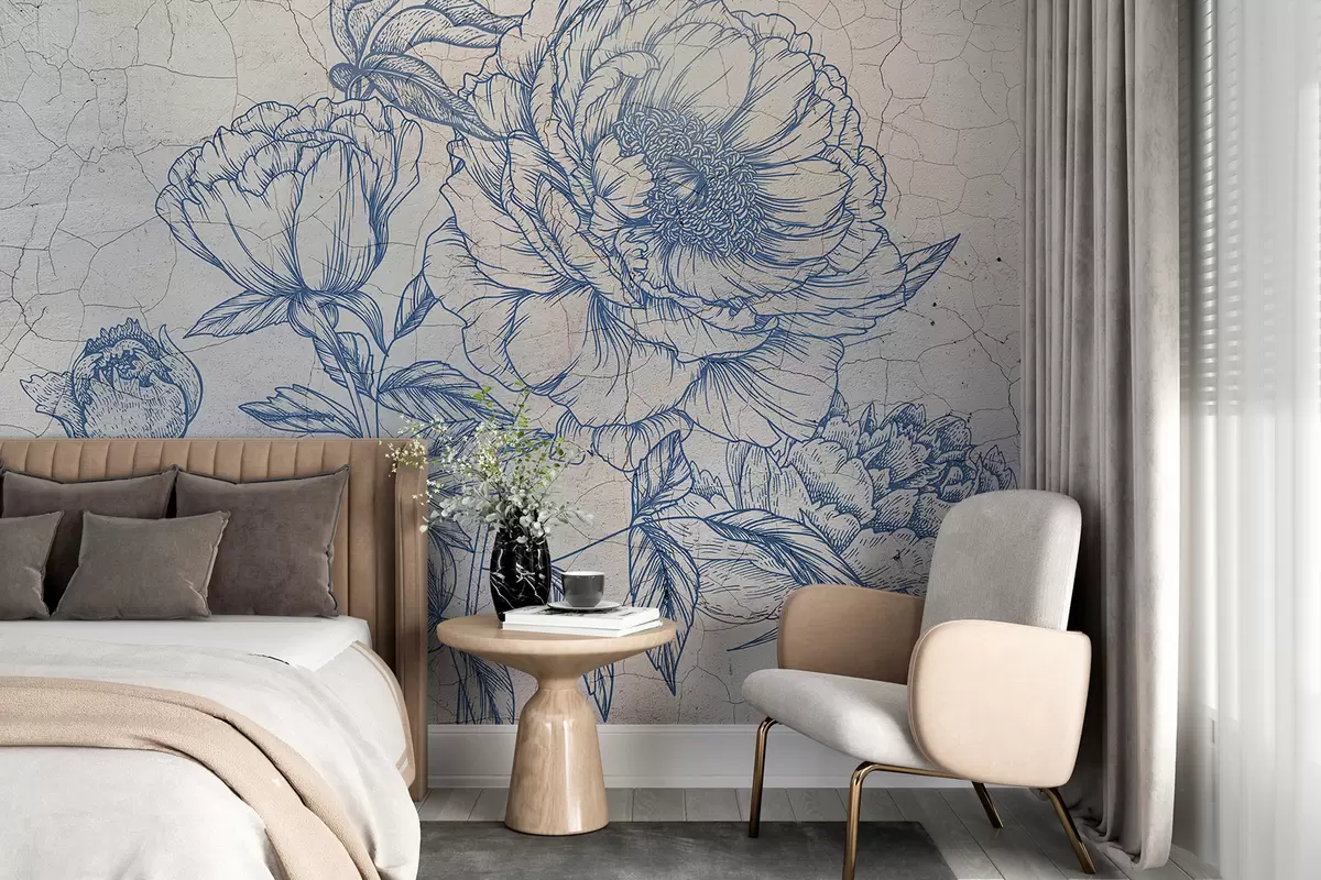 murales de pared Un dibujo detallado de grandes flores de peonía con exuberantes pétalos y hojas, sobre un fondo texturizado. w07920