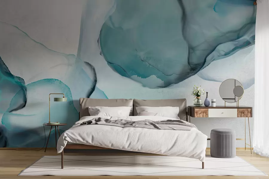 murales de pared Arte fluido abstracto en azul y blanco, que se asemeja a agua y tinta que fluyen w07927