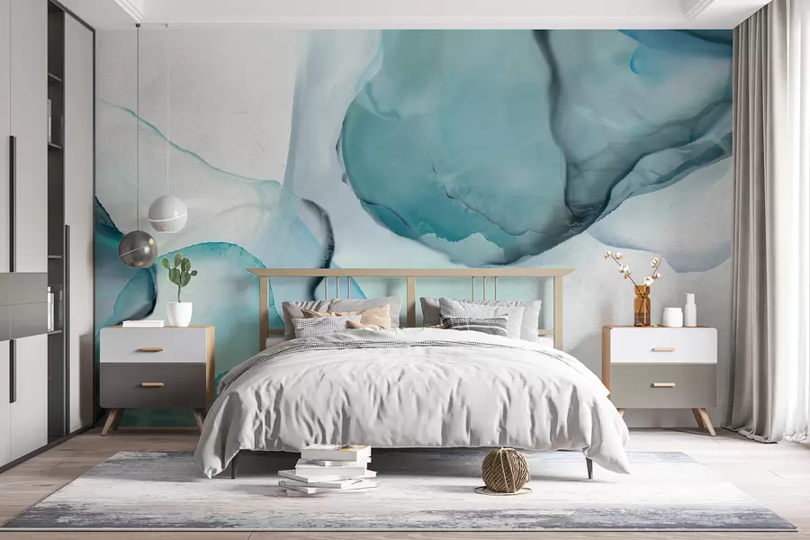 murales de pared Arte fluido abstracto en azul y blanco, que se asemeja a agua y tinta que fluyen w07927