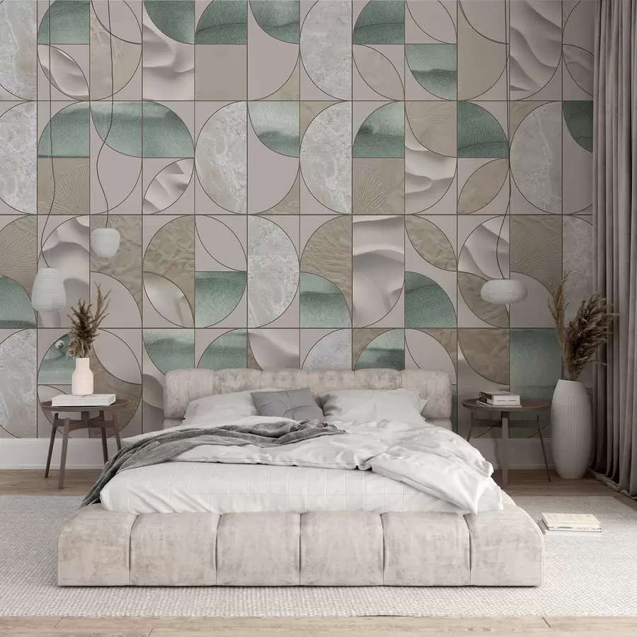 murales de pared Un patrón geométrico de texturas verdes, beige y blancas dispuestas en un diseño abstracto repetitivo w07928