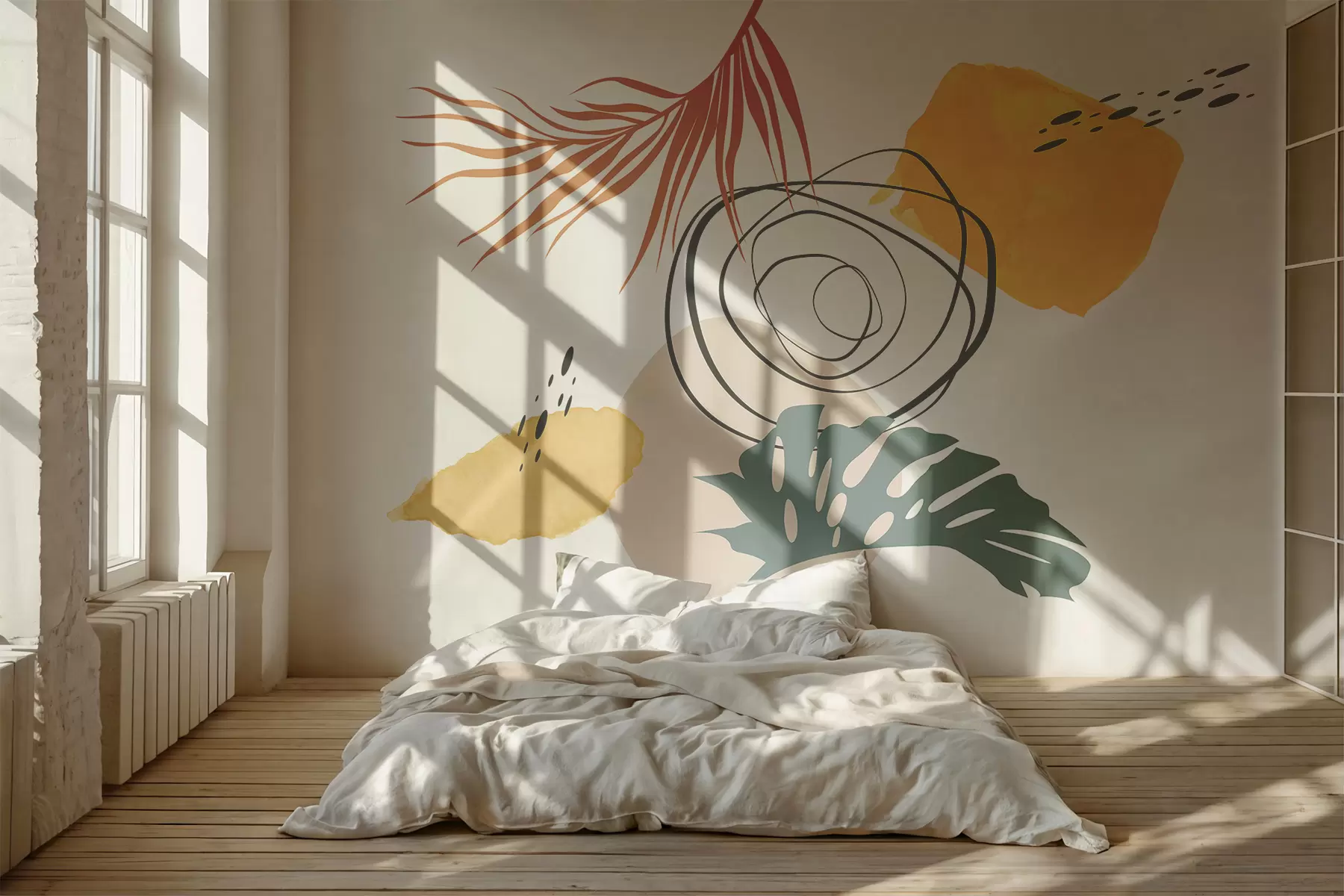 murales de pared Abstracción boho, monstera tropical y hoja de palma, geométrica, mancha de acuarela, líneas, color azul, rojo, amarillo w07959