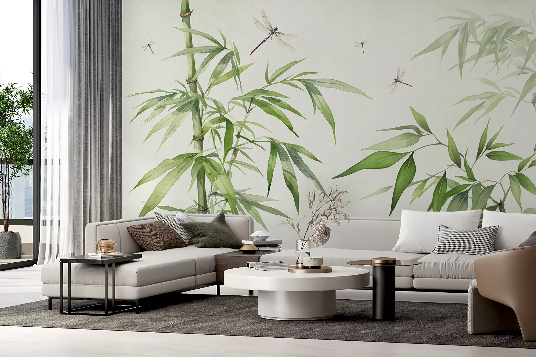 murales de pared Bosque de bambú, libélulas volando acuarela, color verde w07962