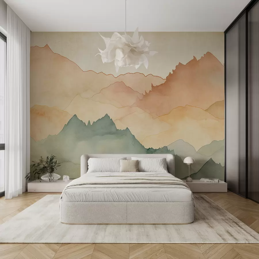 murales de pared Cordilleras, acuarela vintage, color rosa, azul y amarillo w07965