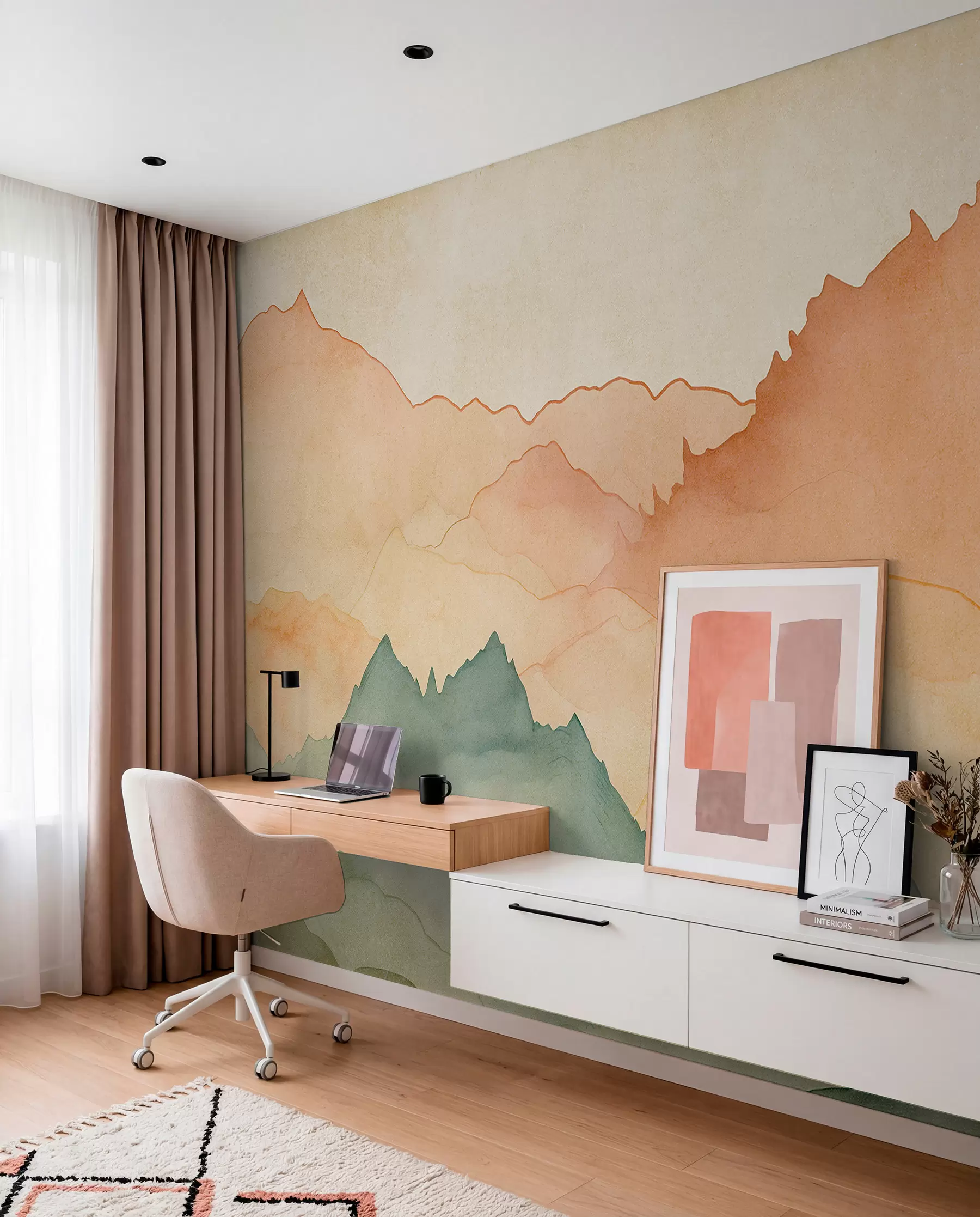 murales de pared Cordilleras, acuarela vintage, color rosa, azul y amarillo w07965
