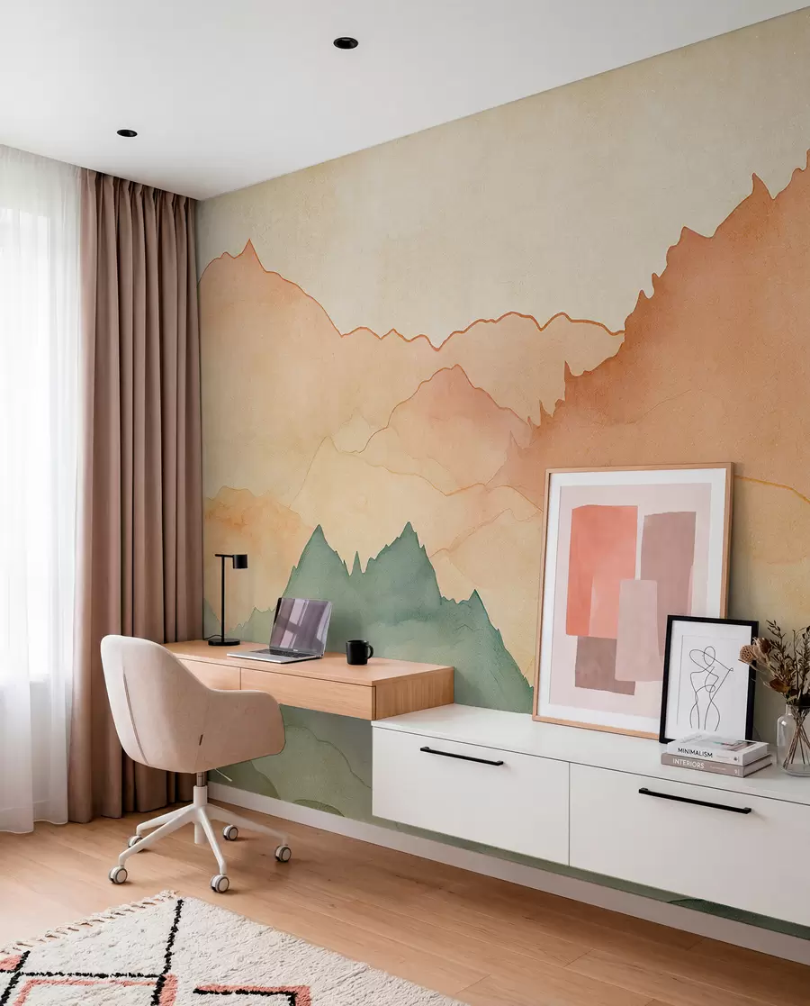 murales de pared Cordilleras, acuarela vintage, color rosa, azul y amarillo w07965