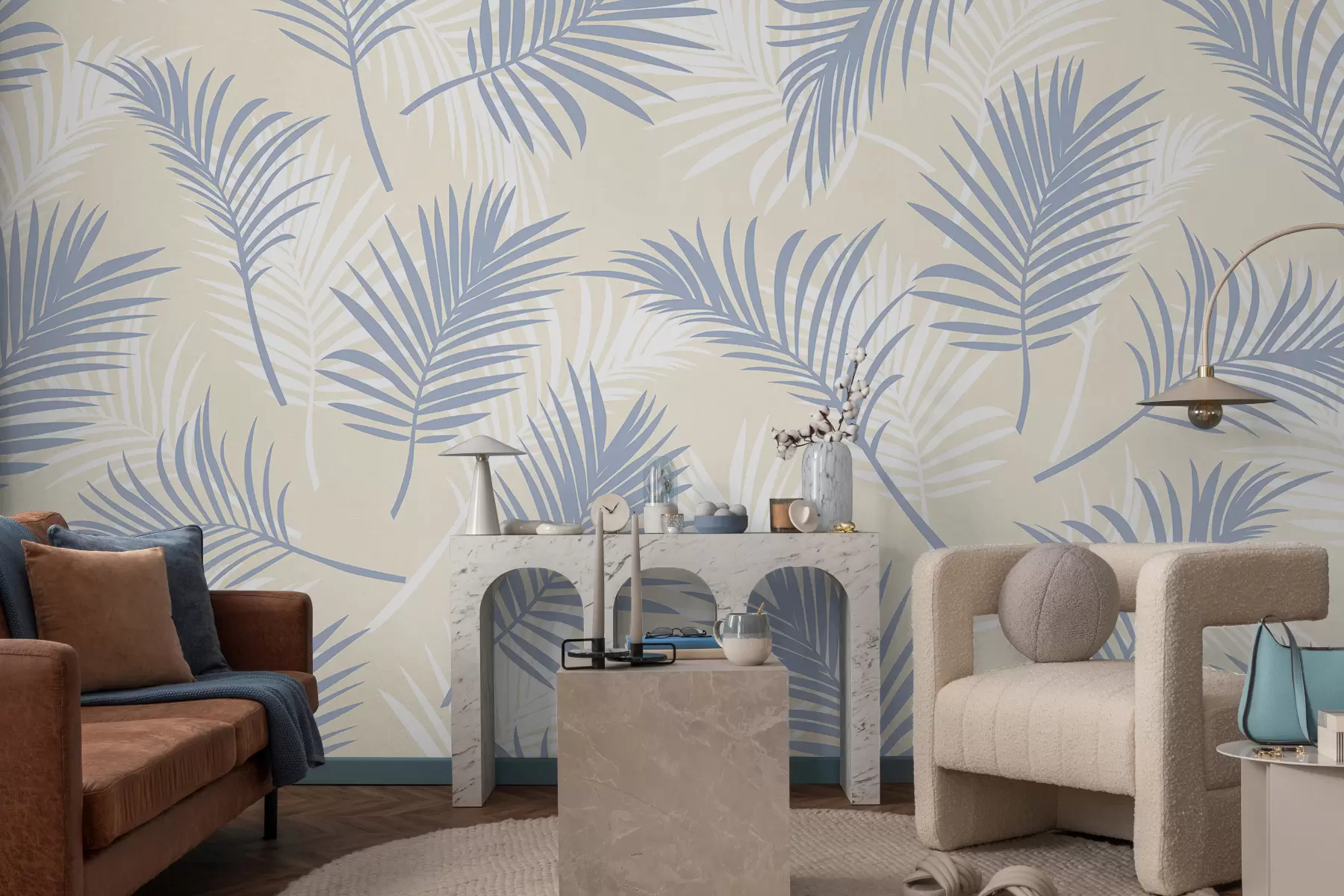 murales de pared Rama de palmera tropical, color azul. w07968v1