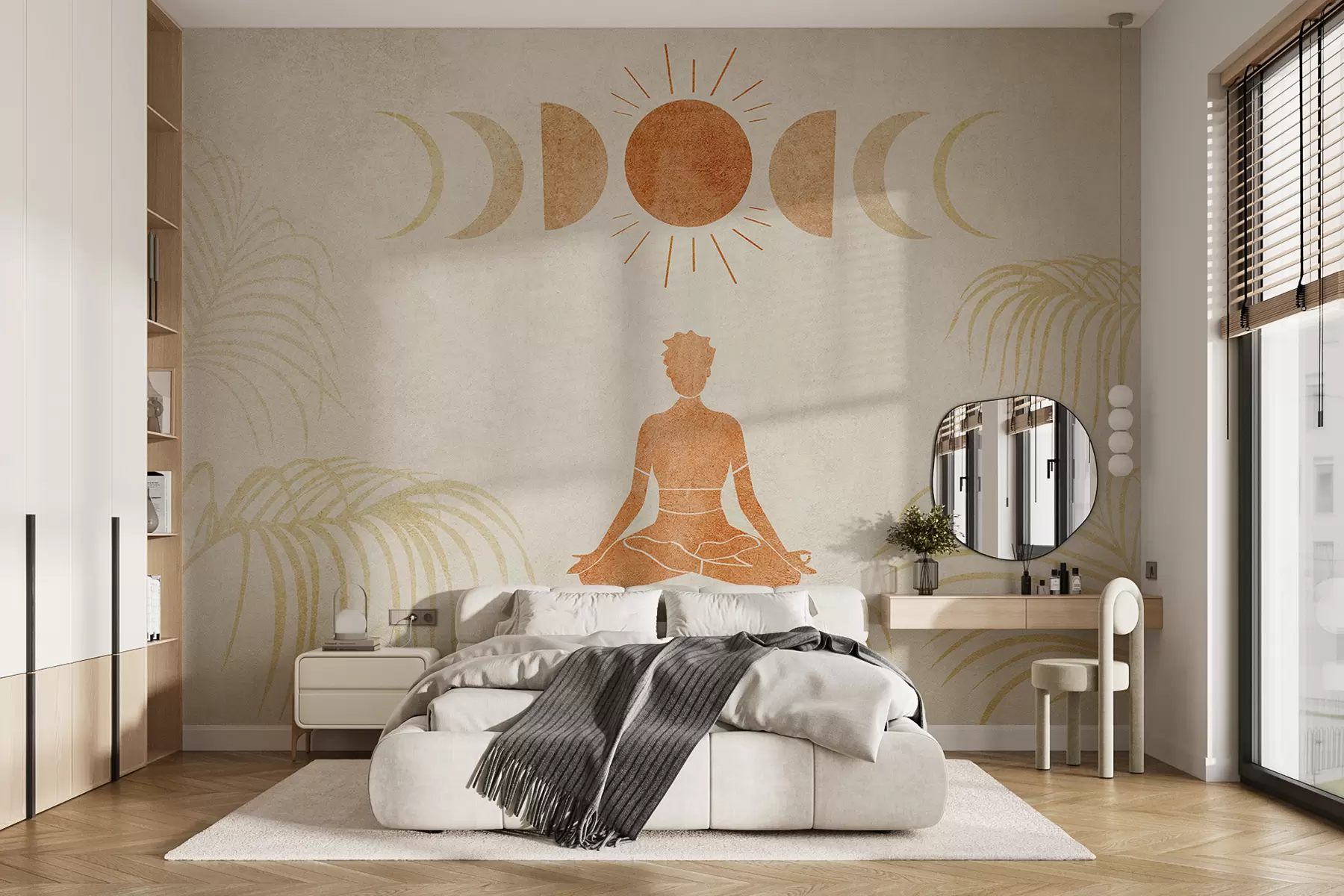 murales de pared Una niña sentada en posición de loto bajo las fases de la luna entre hojas de palma, textura, color naranja, yoga w07970