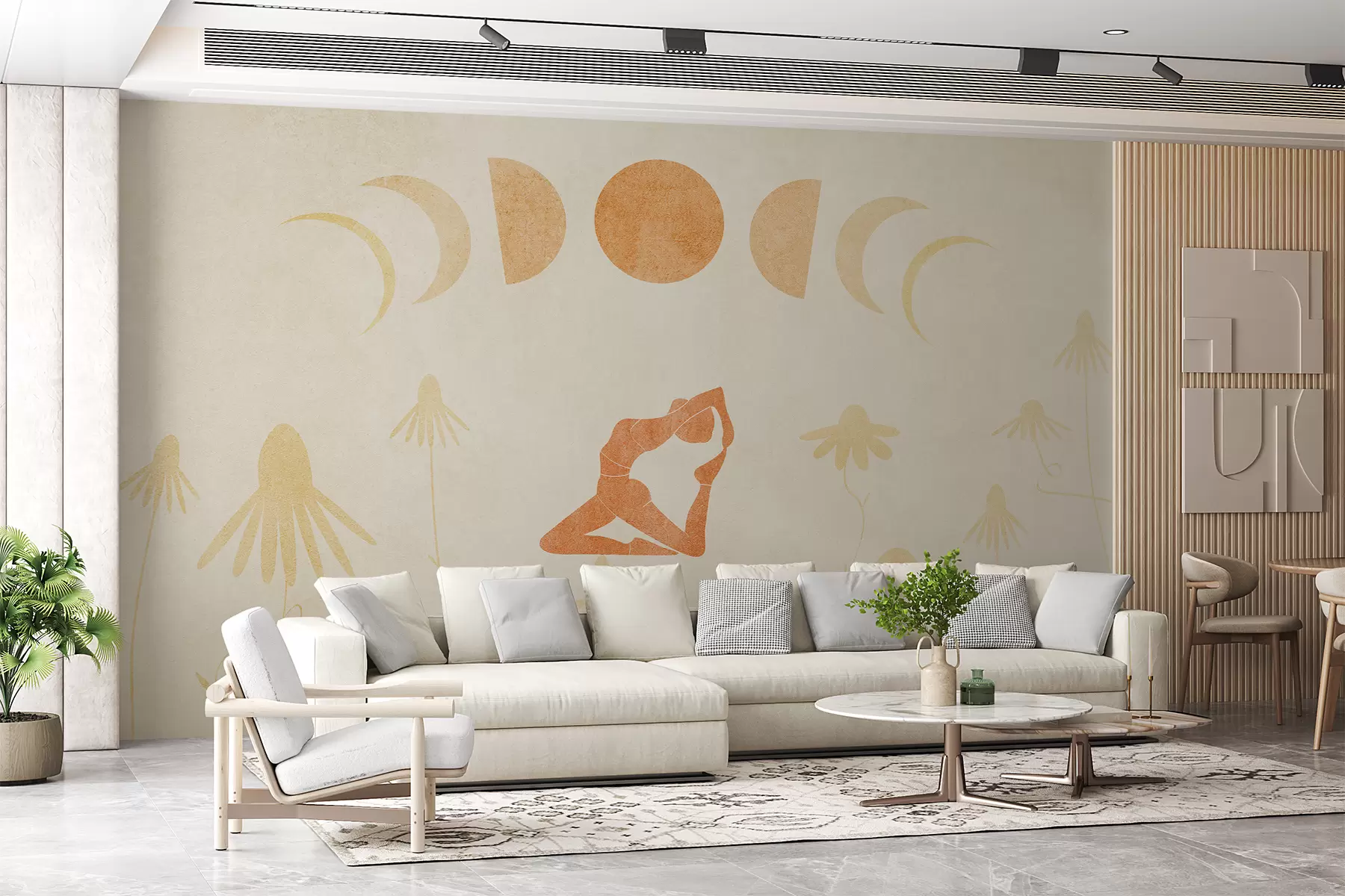 murales de pared Yoga, una niña sentada en una asana bajo las fases de la luna entre margaritas, textura, siluetas, color amarillo w07971
