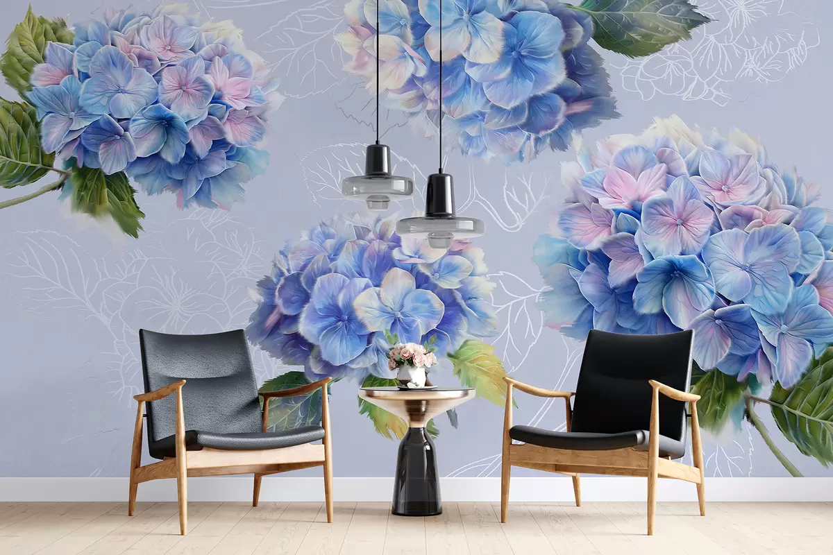 murales de pared Hortensias, dibujo acrílico, arte lineal, botánico, colores violetas. w07942v5