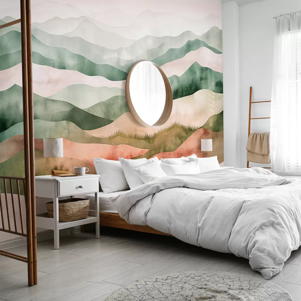 murales de pared Paisajes de montañas acuarelas, bosques, naturaleza, colores verdes y beige. w07950v1