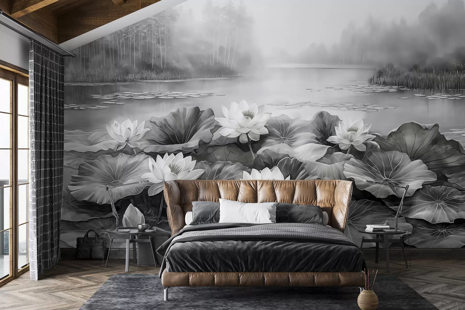 murales de pared Nenúfares, lago del bosque, dibujo acrílico, naturaleza, colores grises. w07957v1