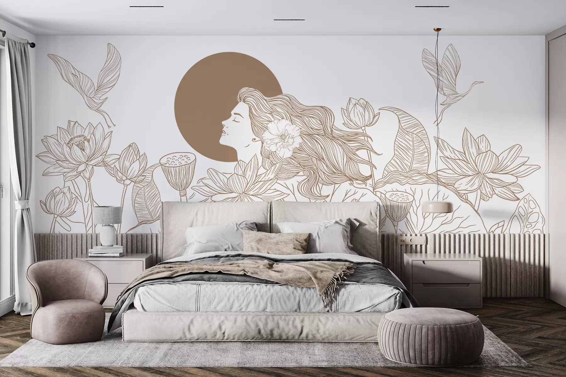 murales de pared Mujer en la naturaleza, dibujo lineal, flores de loto, hojas grandes, pájaros voladores, color beige w07988v1
