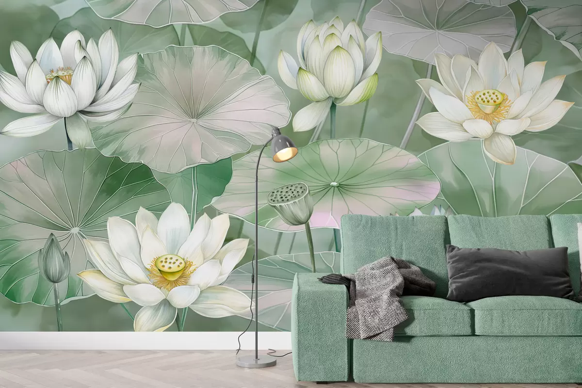 murales de pared Flores de loto verdes con hojas. w00907v2