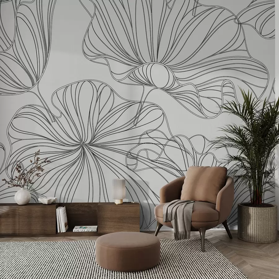 murales de pared Grandes flores lineales, fondo beige pálido w07997v1