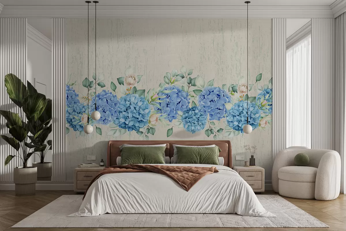 murales de pared hortensias azules sobre fondo pastel, delicadas flores azules w08032