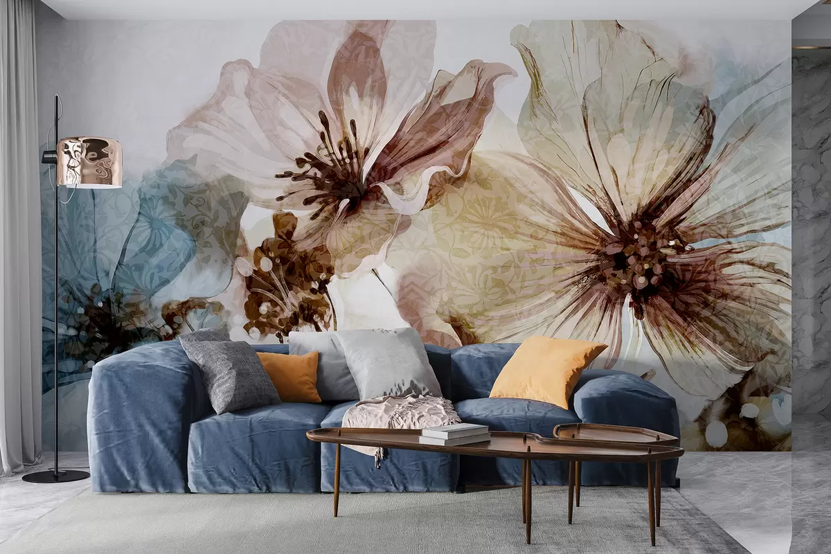 murales de pared Delicadas flores transparentes con bordes suaves y borrosos sobre un fondo pálido w07974