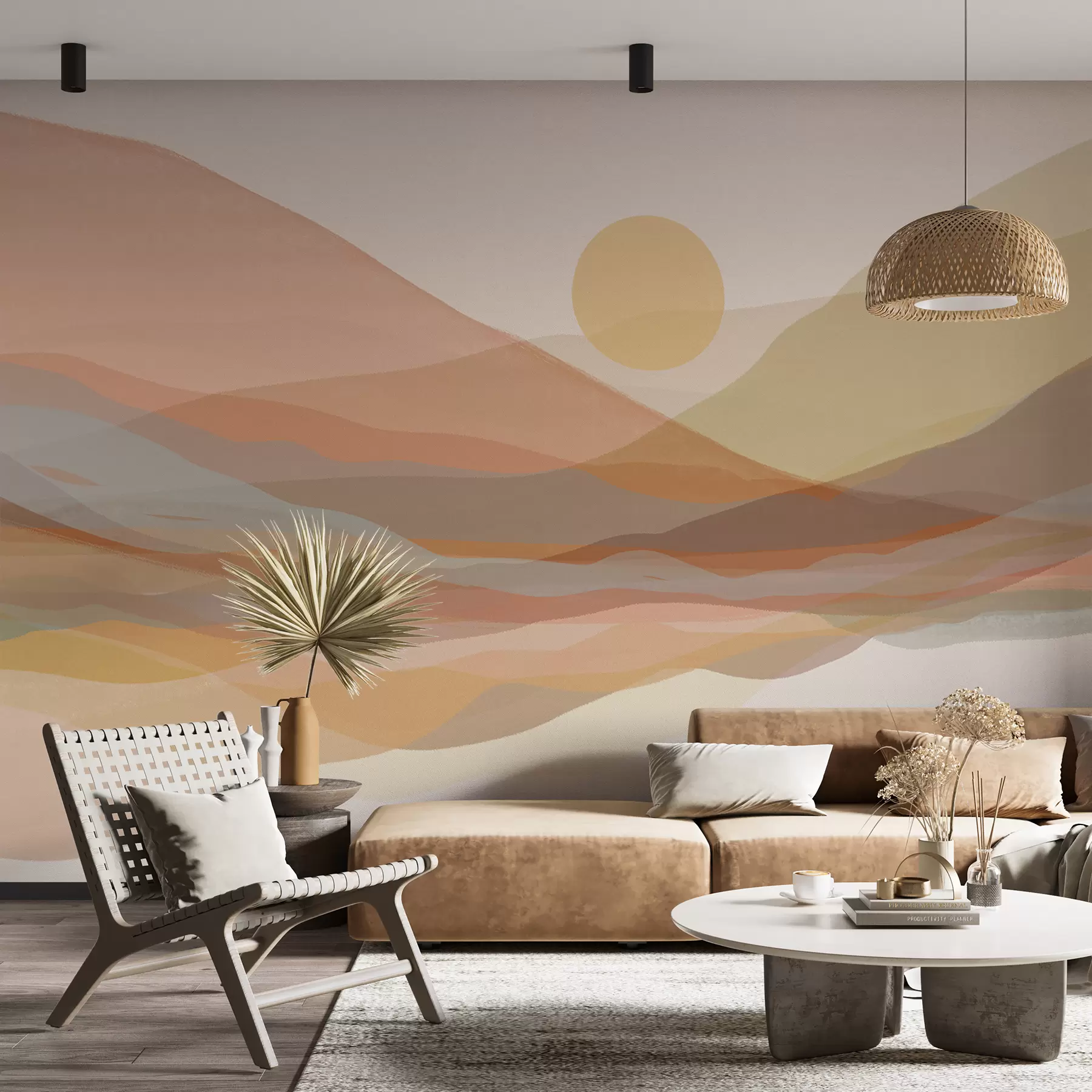 murales de pared Paisaje montañoso con un cálido sol en el cielo, colinas en tonos naranja, amarillo y marrón w07976