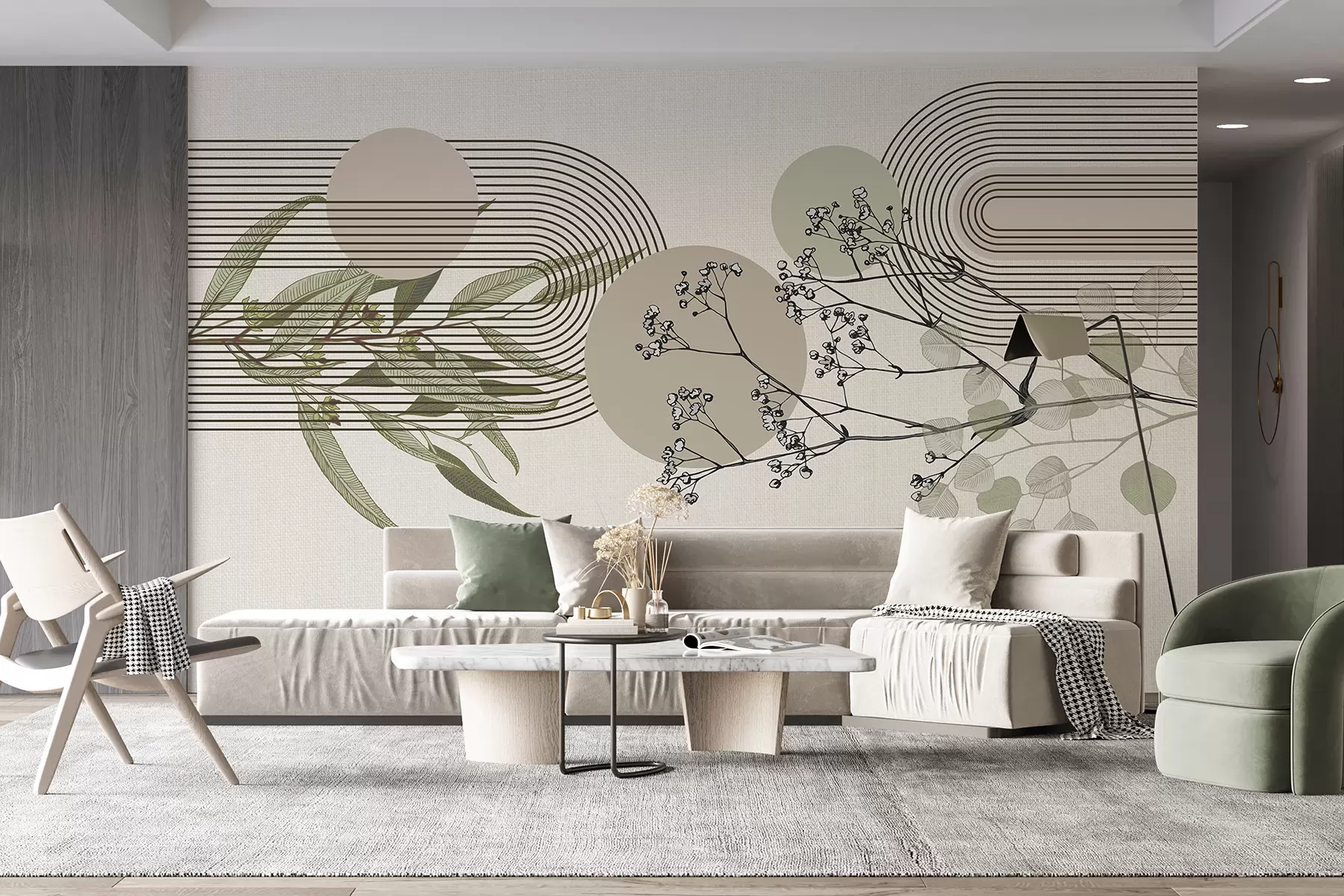 murales de pared Una abstracción minimalista con formas orgánicas, ramas de árboles estilizadas o plantas con delicados detalles florales w07979