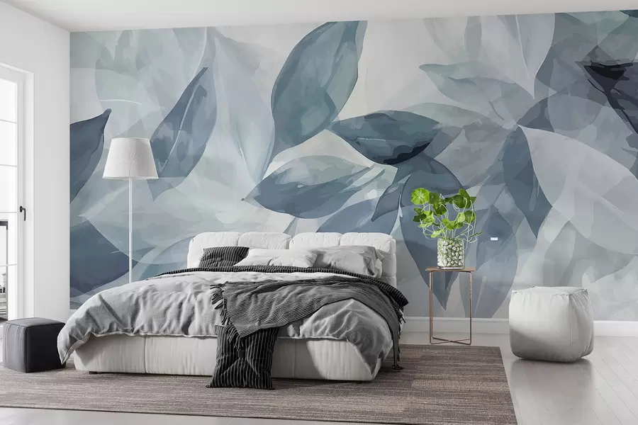 murales de pared Hojas de acuarela suaves en gris y blanco con un fondo etéreo y borroso w07981