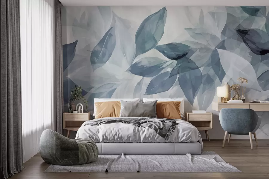 murales de pared Hojas de acuarela suaves en gris y blanco con un fondo etéreo y borroso w07981