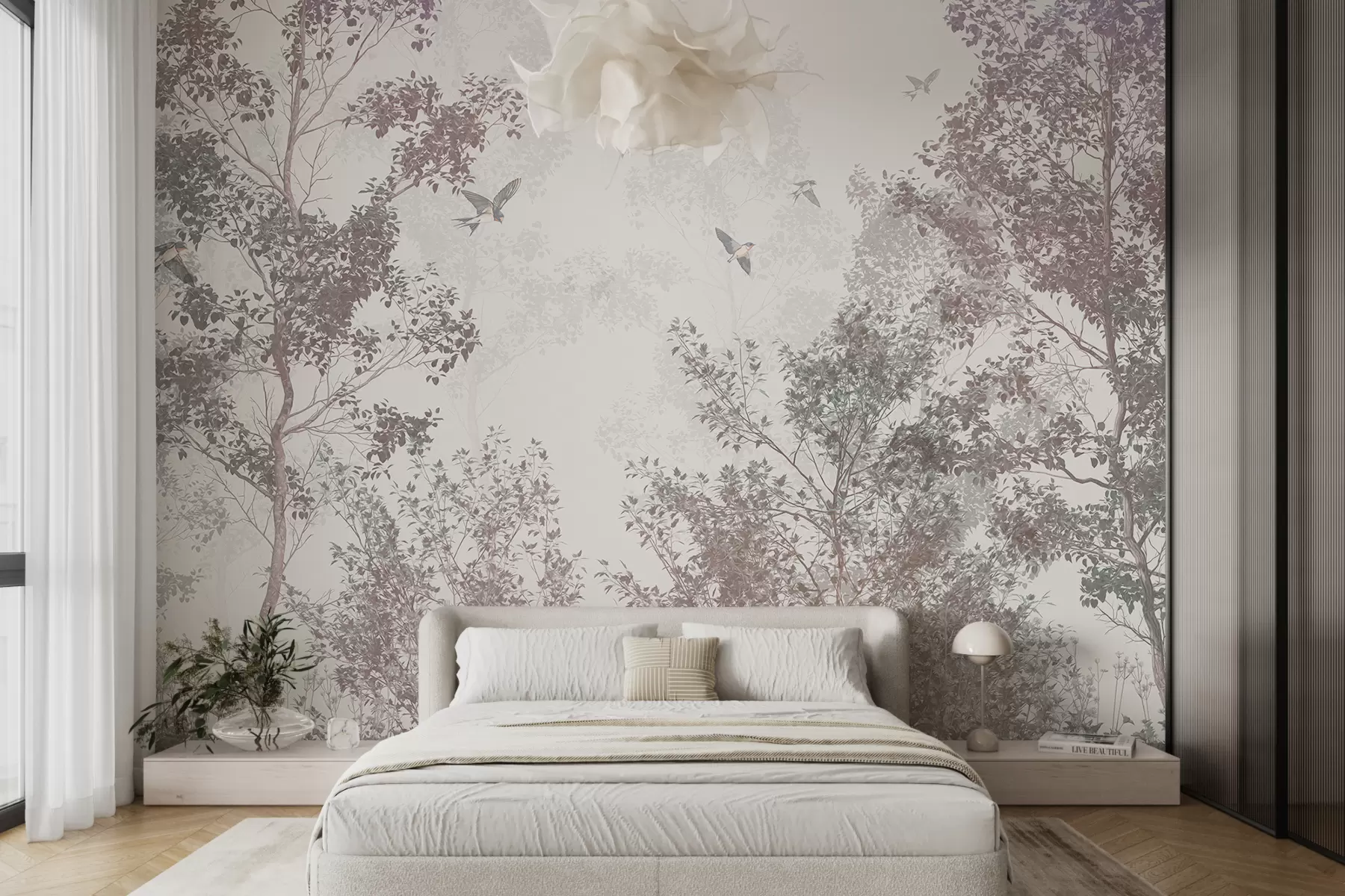 murales de pared Árboles con hojas y ramas marrones y grises con pájaros volando en el cielo, fondo blanco w07982