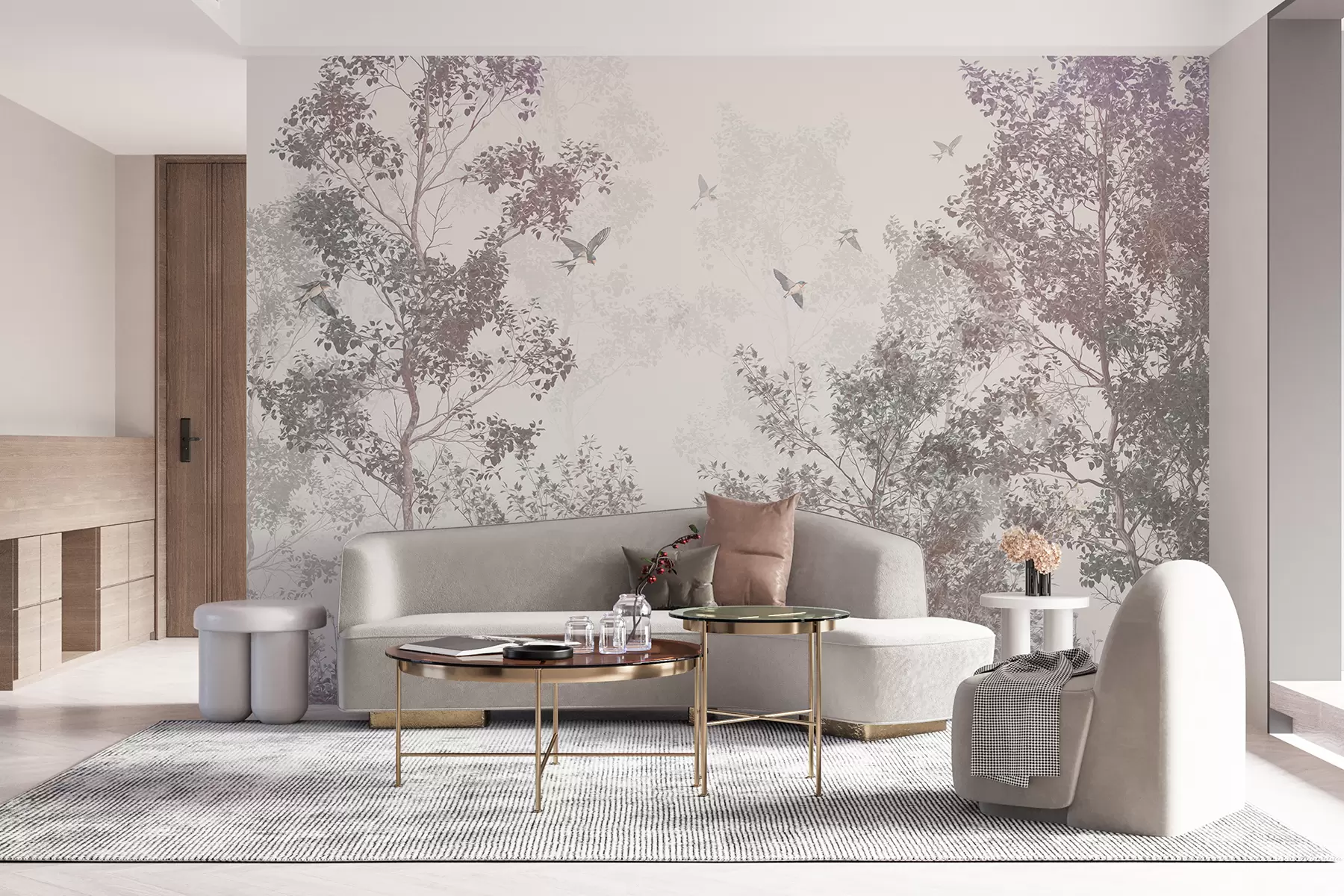 murales de pared Árboles con hojas y ramas marrones y grises con pájaros volando en el cielo, fondo blanco w07982