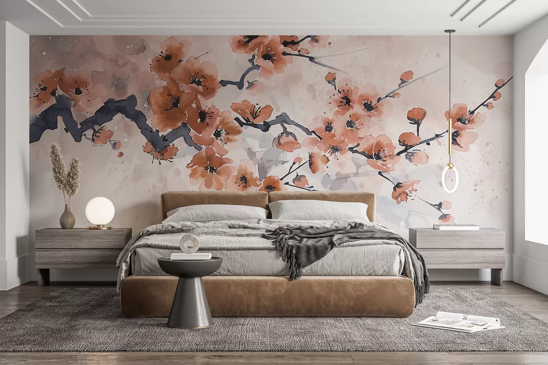 murales de pared Una rama de flores de cerezo rojas en flor sobre un fondo suave y brumoso con toques de azul y gris w07985