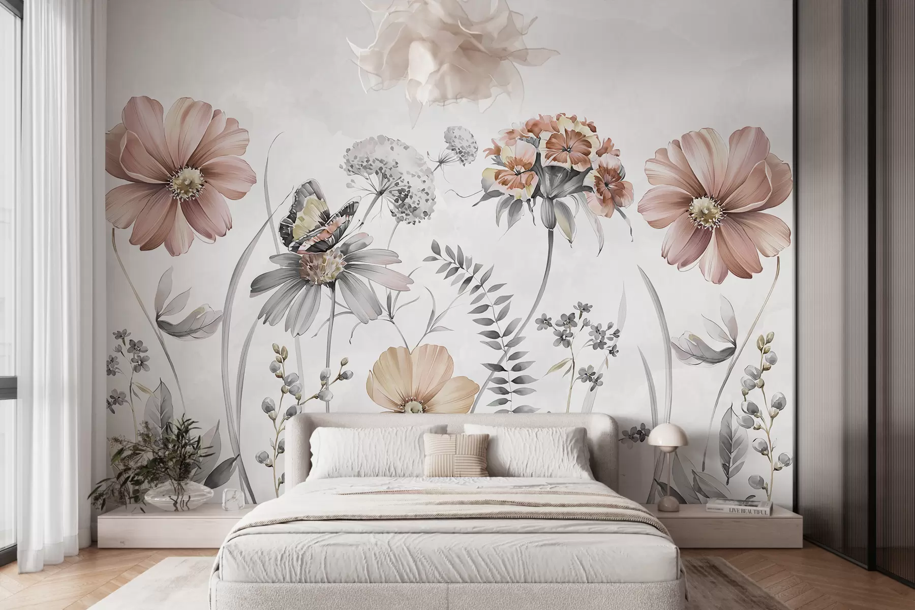 murales de pared Grandes flores y plantas delicadas con mariposa w07905v1