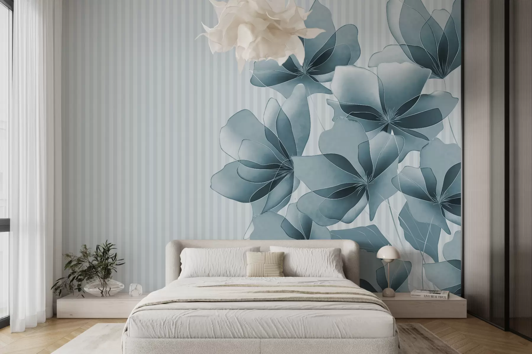 murales de pared delicadas flores azules sobre un fondo rayado w08040