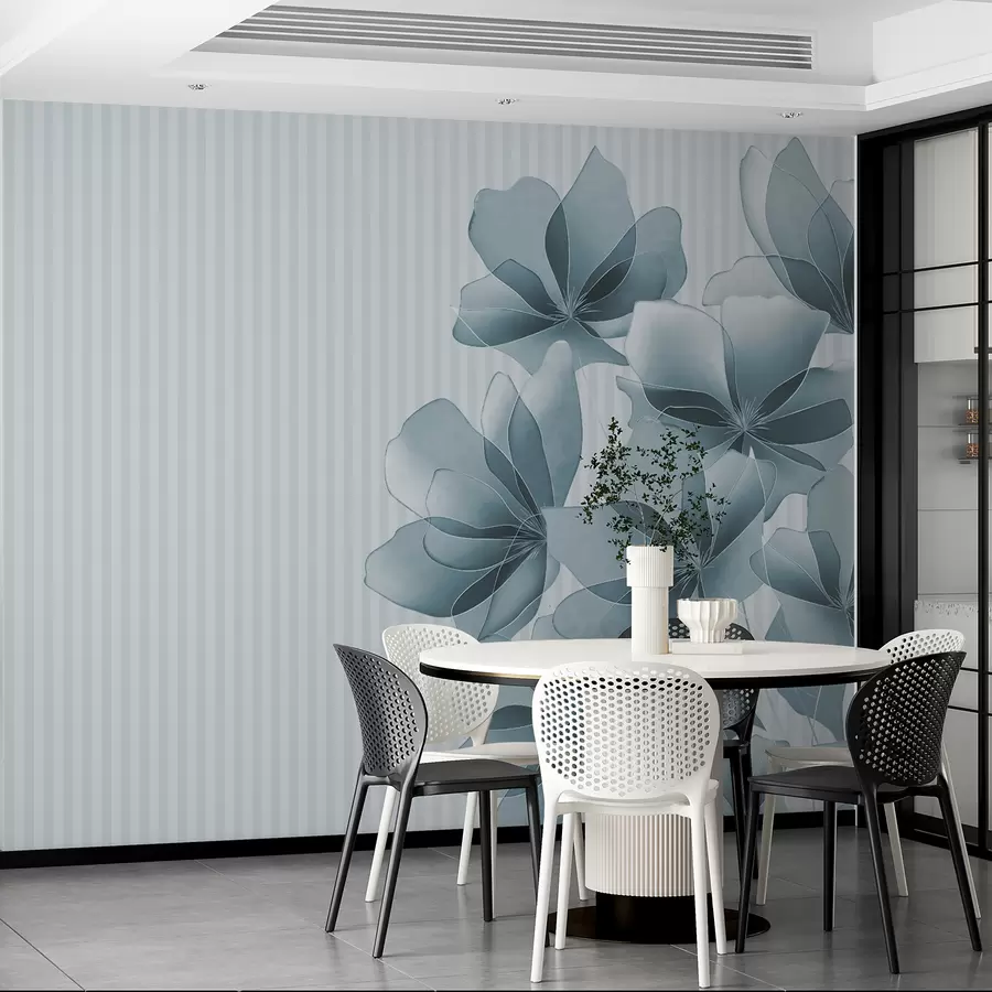 murales de pared delicadas flores azules sobre un fondo rayado w08040