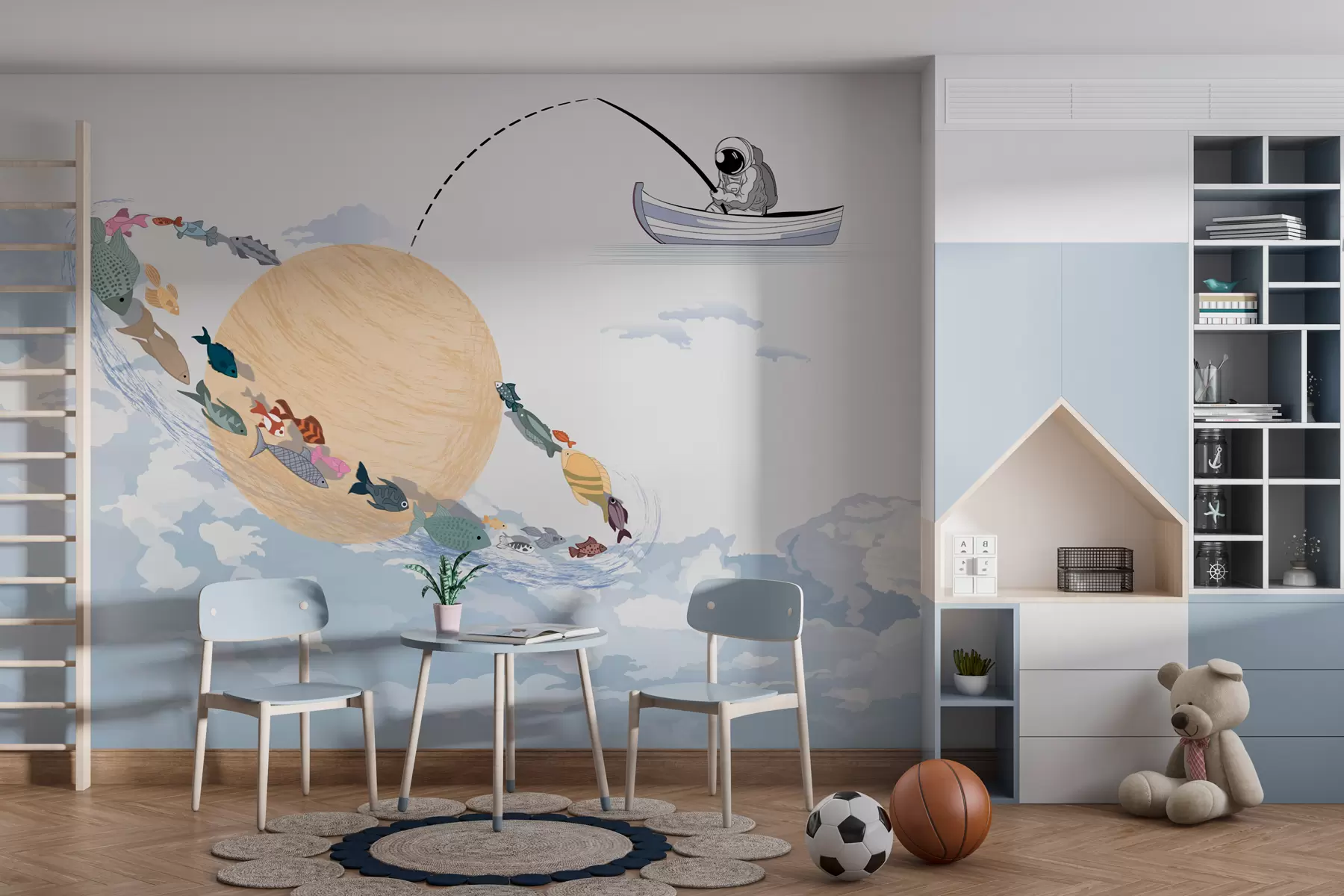 murales de pared Luna astronauta y pez en azul. w00869