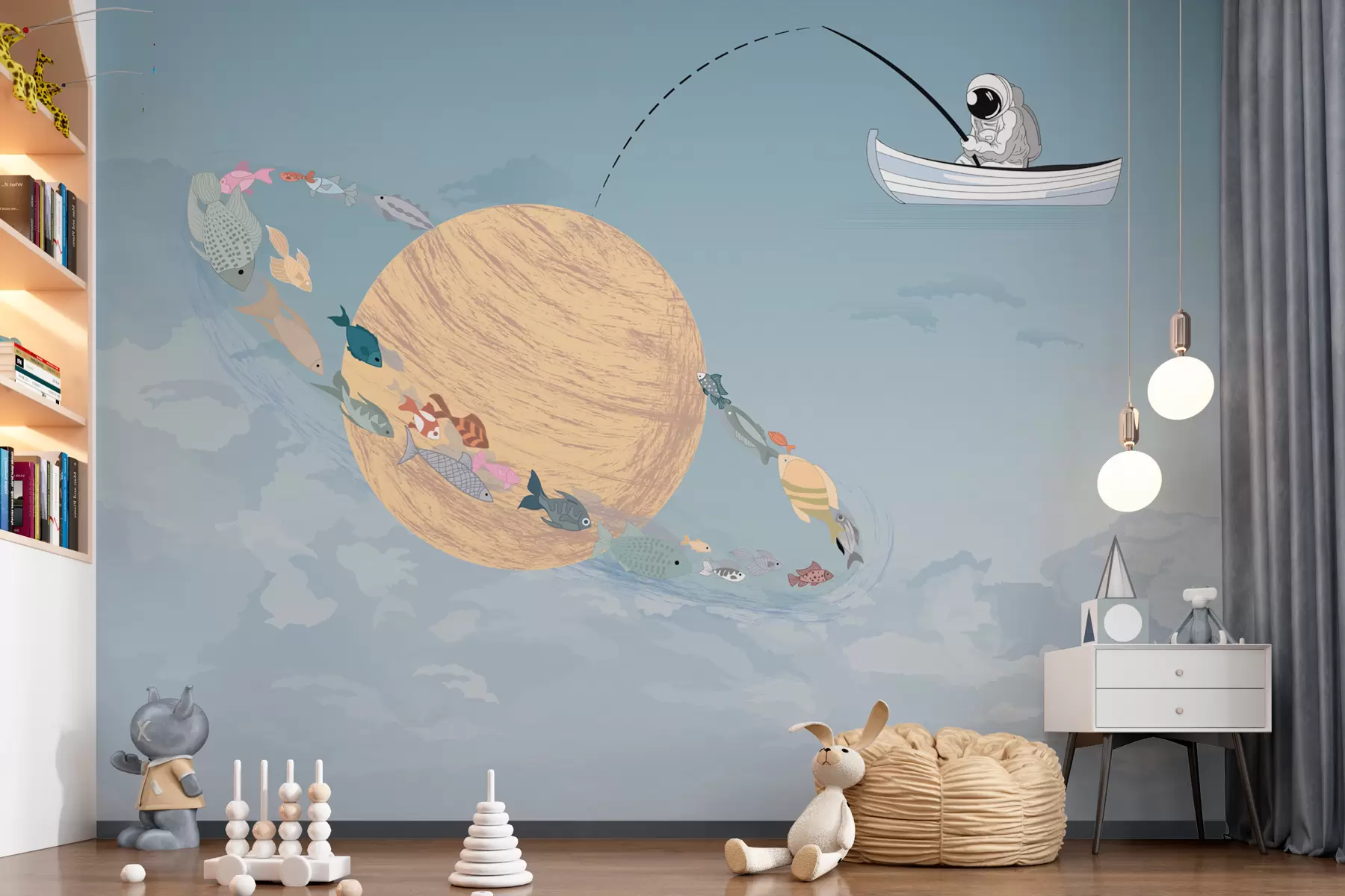 murales de pared Luna astronauta y pez en azul. w00869v1