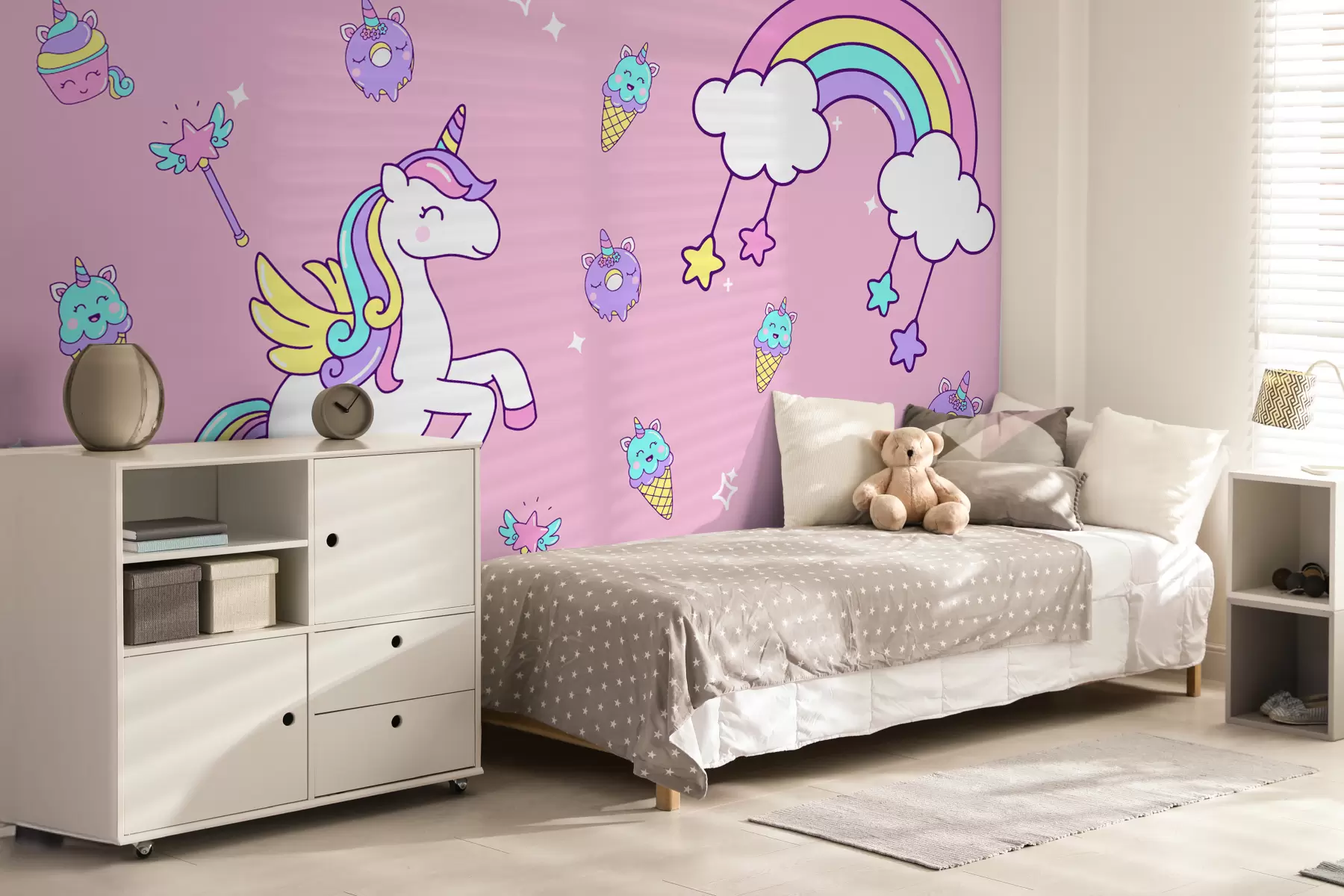 murales de pared unicornio, arco iris sobre un fondo rosa w08102