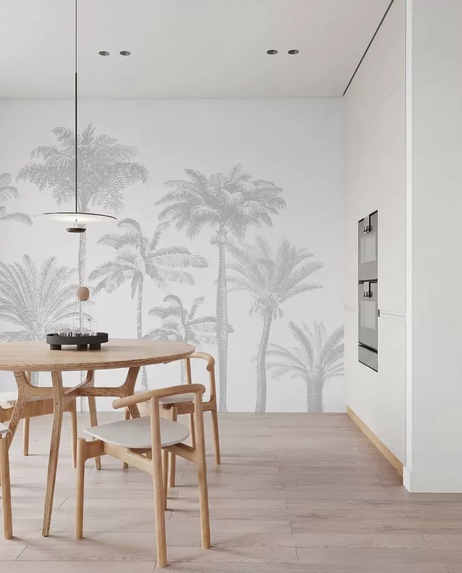 murales de pared Oasis de palmeras tropicales de color gris mínimo w08111v2