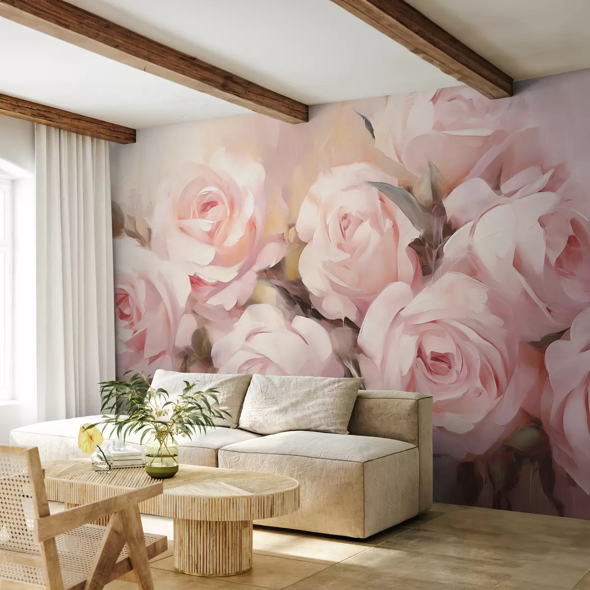 murales de pared Rosas rosadas sobre fondo rosa pintura al óleo w08119