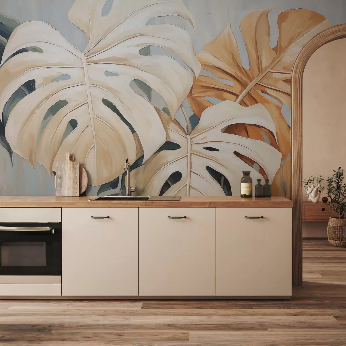 murales de pared Hojas de monstera, color azul, blanco, naranja. w08124